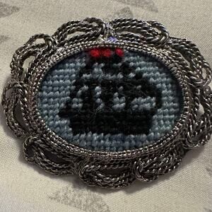 Vintage Needlepoint Handcrafted boat Pin Brooch